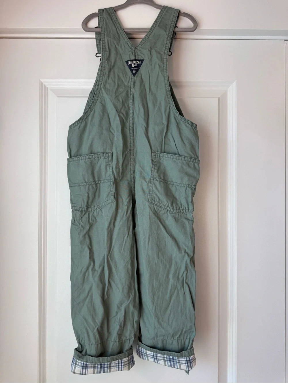OshKosh B’Gosh Light Olive Green Overalls Plaid Interior Size 5T